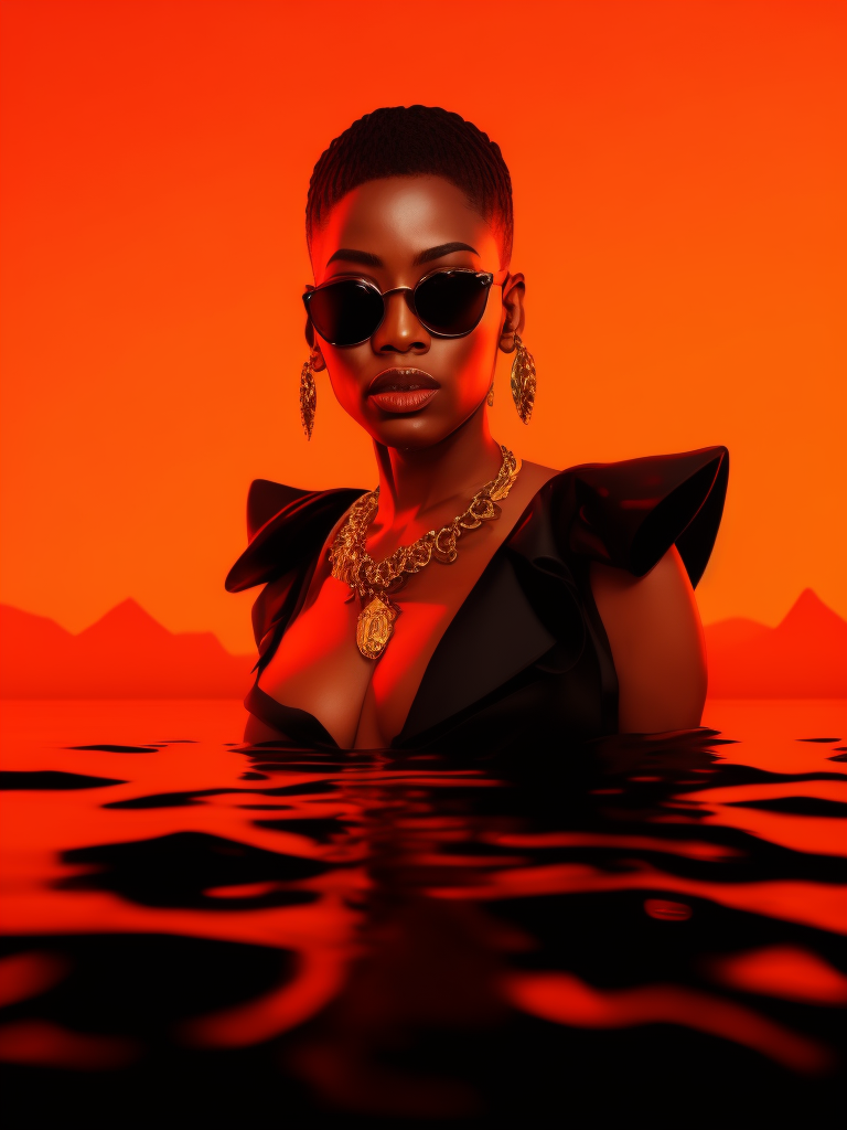 Black female model standing in waist-length black fluid, wearing black fashion dress, red lighting, black sunglasses, thick gold necklace around her neck, short haircut, red-orange background, fashion model, magazine cover, professional shot, magazine photography, bright saturated colors, sharp focus, highly detailed