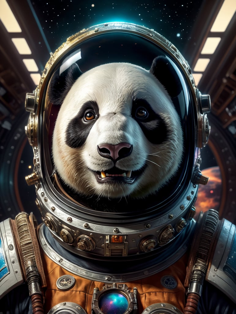panda bear in a space helmet in space