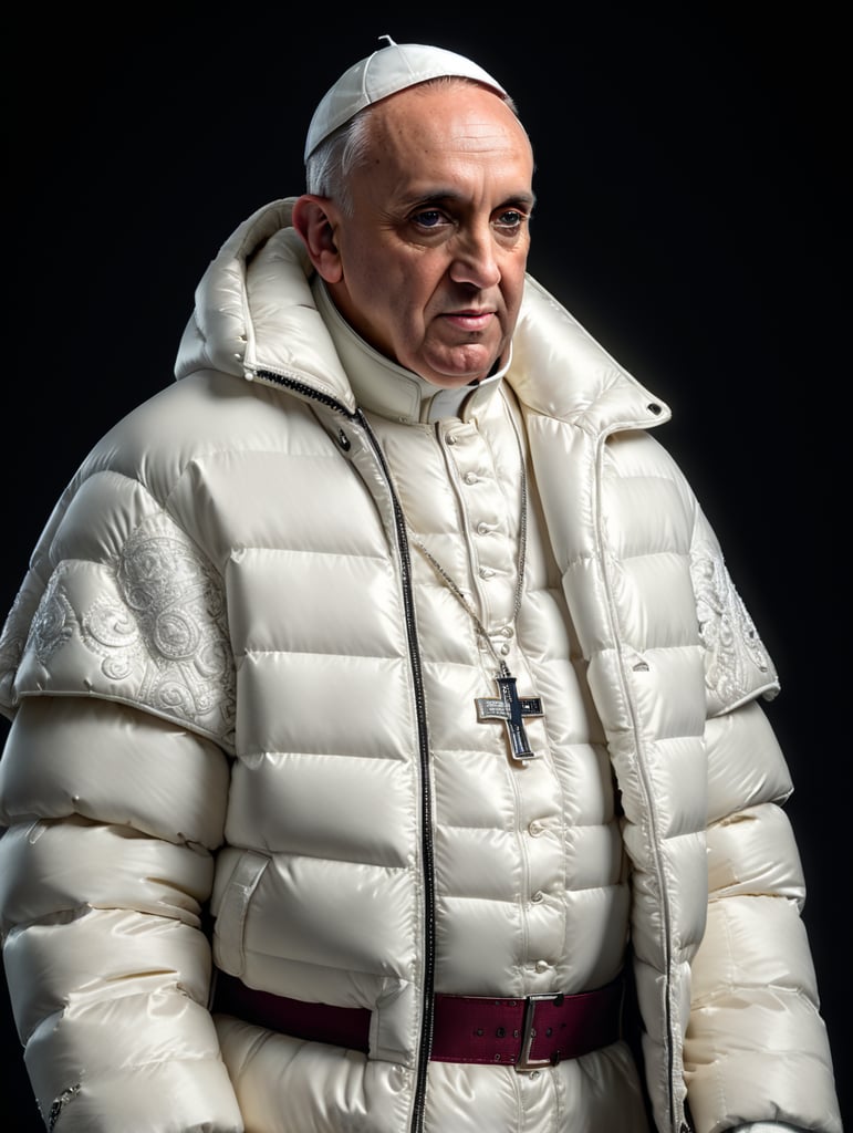 Professional photo glamour of Pope Francis looking stylish in a white puffer jacket