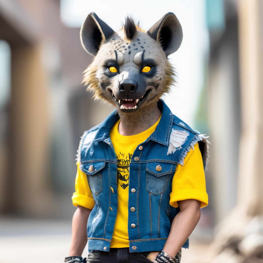 A furry hyena with yellow eyes, wearing cutoff jean shorts, a white T-shirt, ripped denim vest, a d fingerless gloves.