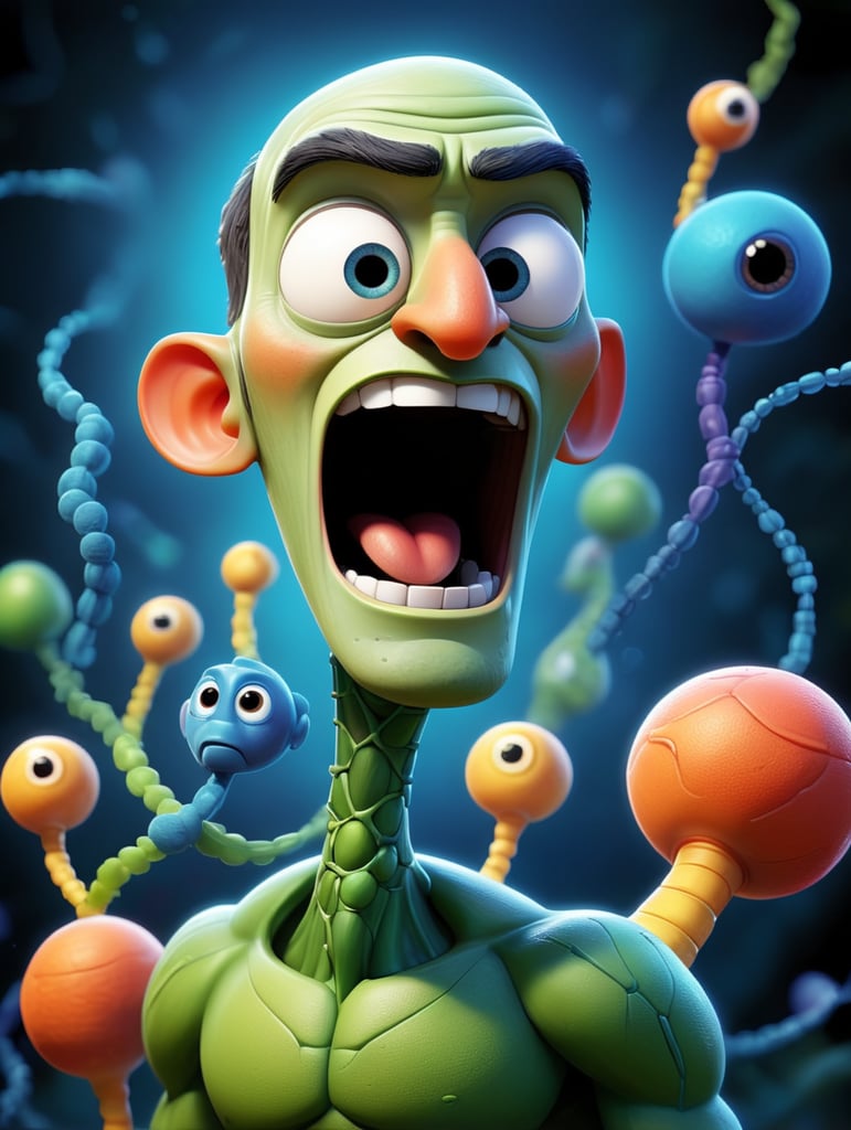 Generate a highly detailed and scientifically accurate illustration of Last Universal Common Ancestor, biology, Illustration, dna cell, abstract, morphological form, drawn facial features. Make sure that the illustration accurately depicts the structure of the cell. The final image should reflect the intricate and delicate nature of this essential cellular structure, adhering to current scientific knowledge and visual standards for accuracy