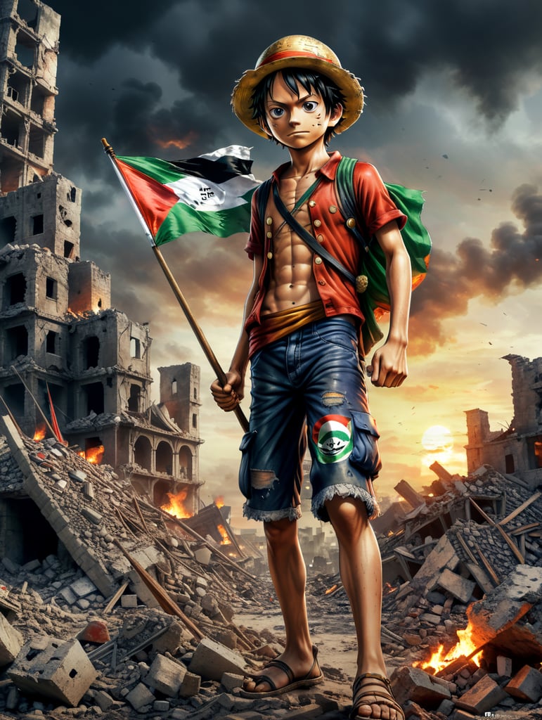 one piece luffy young carrying Palestine flag In Gaza territory, as well as the ruins of rubble from the destruction of the city