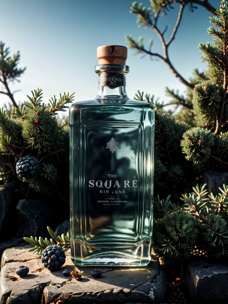 professional photography of a square gin bottle, square bottle, surrounding a juniper and juniper berries, one shot of gin in a front, no label, clear, mockup