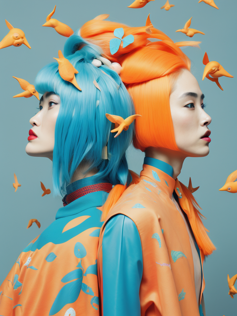 girls with toy characters and bright hair wearing colorful hair accessories, in the style of joong keun lee, multi-layered, dinocore, ren hang, pattern explosion, plasticien, light orange and light blue