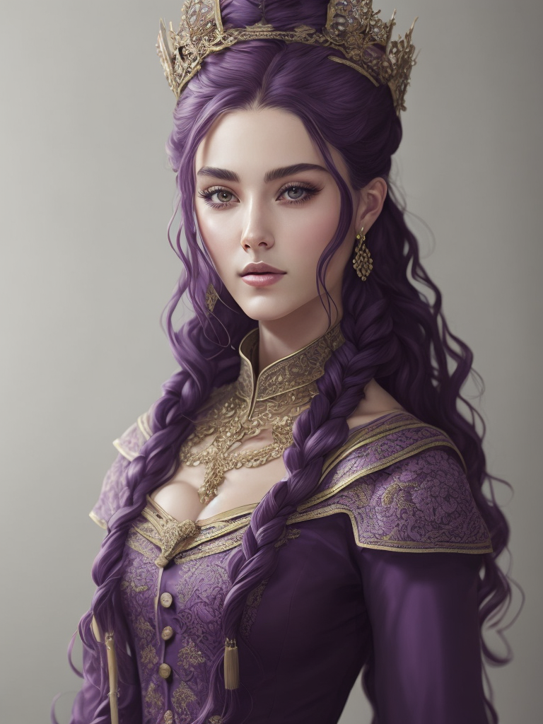 Portrait of a young queen with long wine color braided hair, royal guard purple outfit, elegant, highly detailed, digital painting, artstation, concept art, smooth, illustration, oval face, art by helena nikulina