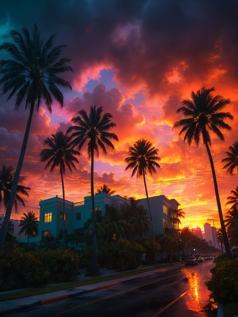 sunsets and palm trees on fire, Miami, neon vibrant colors,