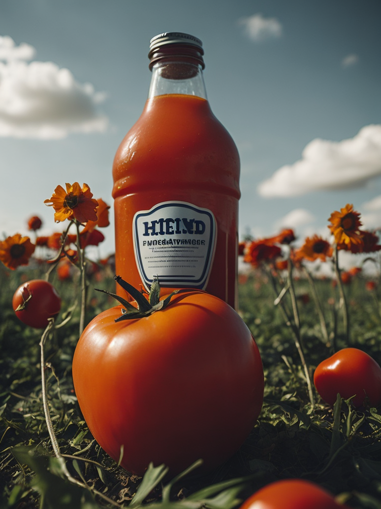 several red tomatoes stacked togethe forming a heinz ketchup bottle with some leaves around it, beautiful tomato plantation in the background and a blue sky, short grass and yellow flower + yellow flowers + creamy light + ambient lighting + very beautiful colors