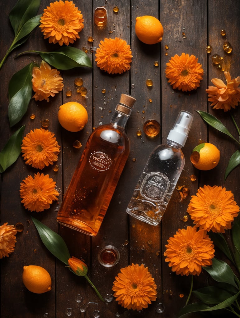 agua, vinagre y esencia de naranja sobre una mesa de madera, con flores al rededor y una atomizador, vistos desde arriba