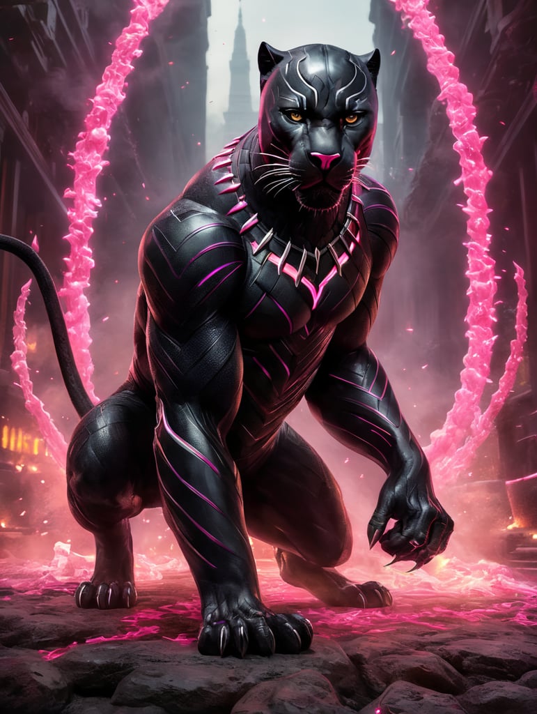 A black panther looking at the camera surrounded by neon pink flames