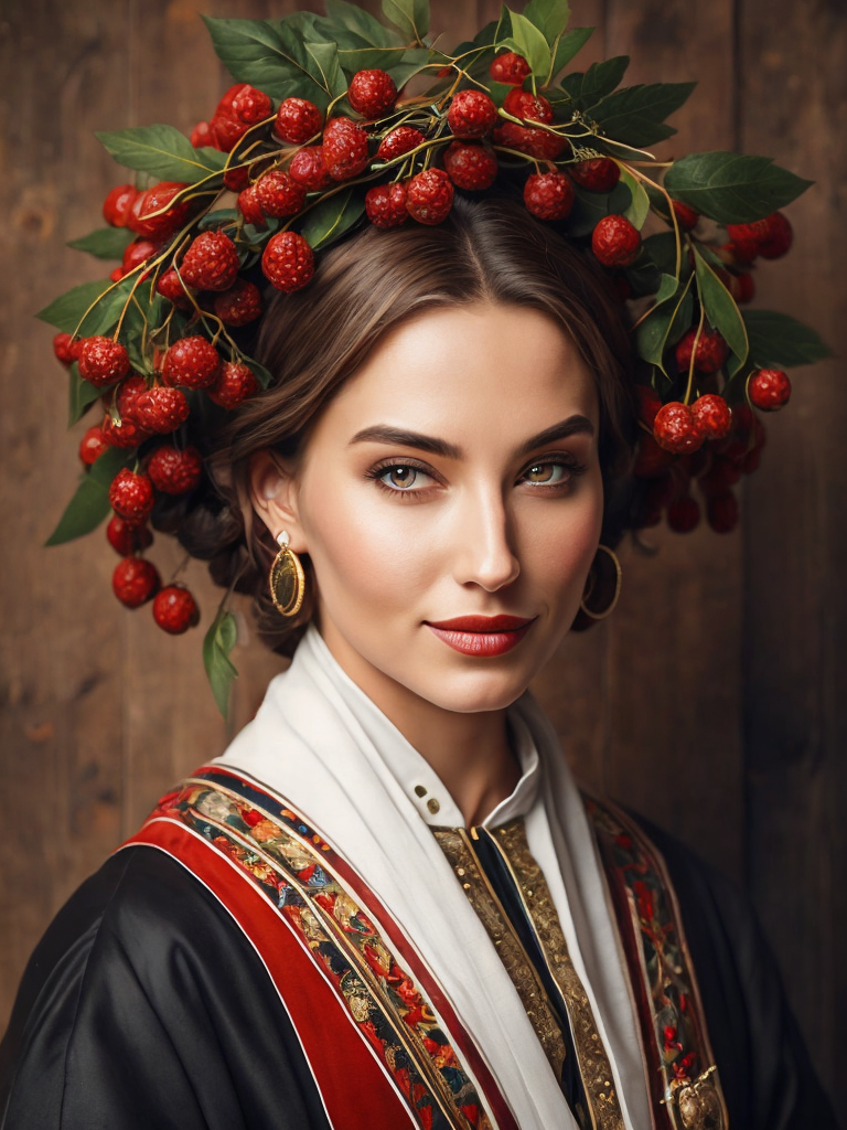 Portrait of a Beautiful women from Russian fairytale wearing traditional costume around bunches of rowan