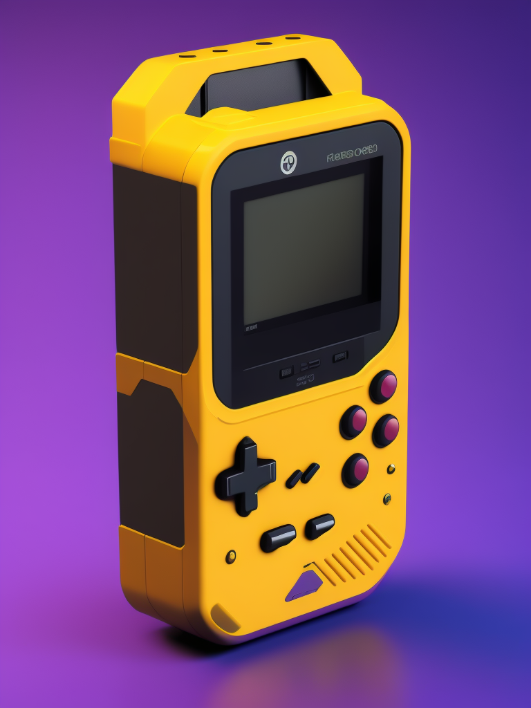 3d pixel retro tiny cute yellow game boy render, purple background