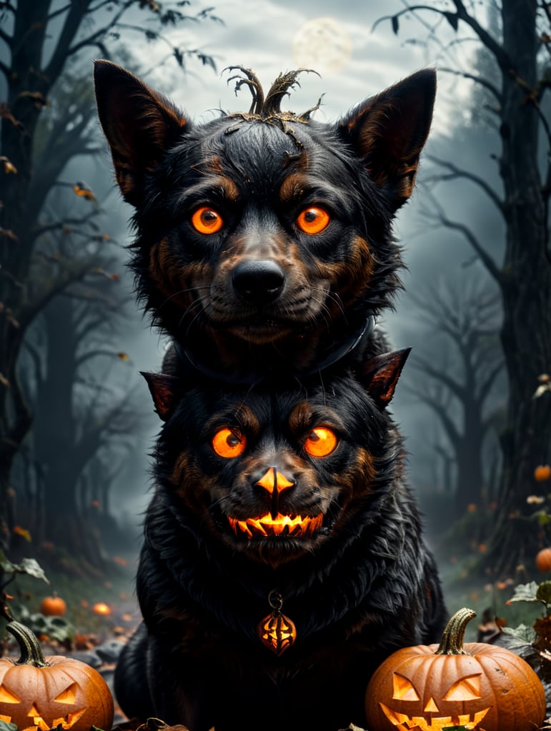 a black dog with Halloween pumpkin head, photorealistic illustration, scary, dark