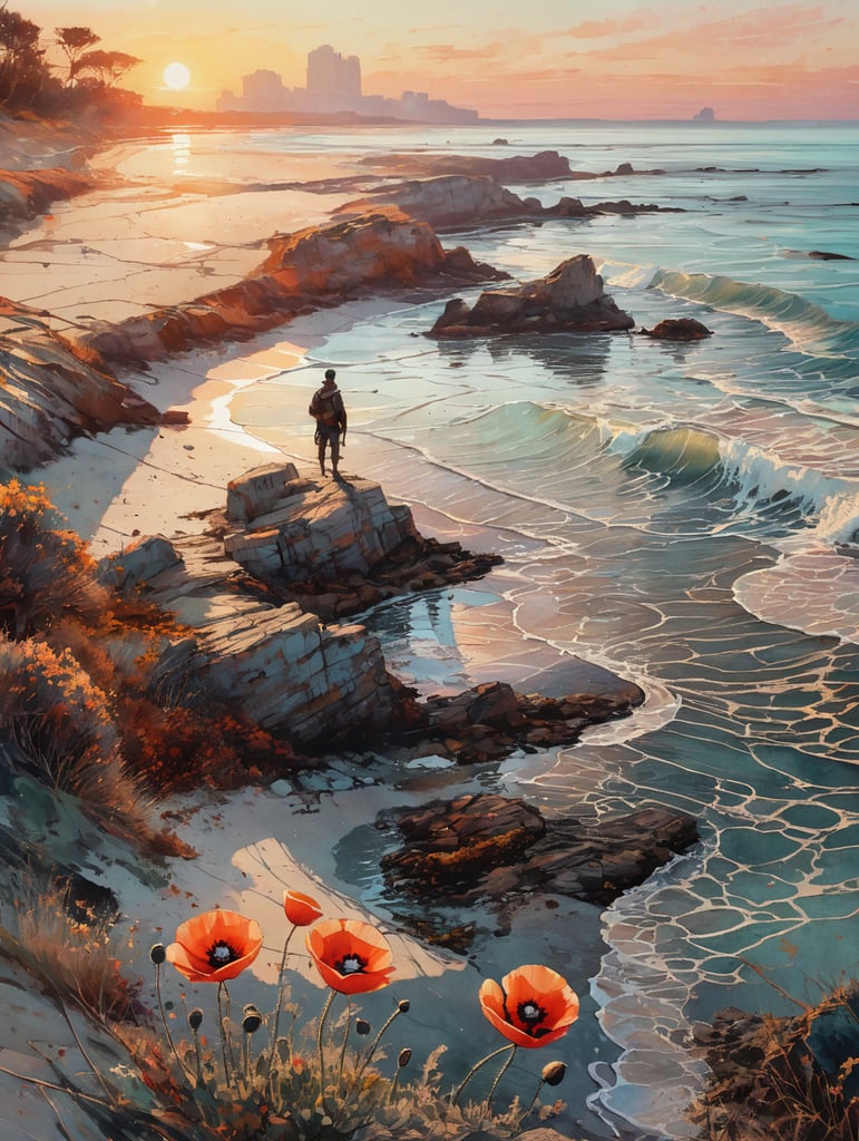 blooming poppy on sandy sea beach in sunset