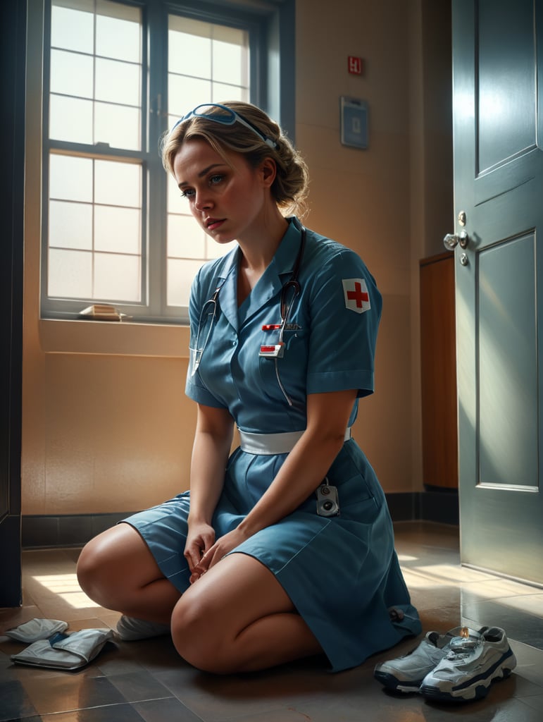 Portrait of a female working nurse, sitting on the floor in the hallway, sad face, sad colors and atmosphere, the light from the window illuminates her face, low angle photo