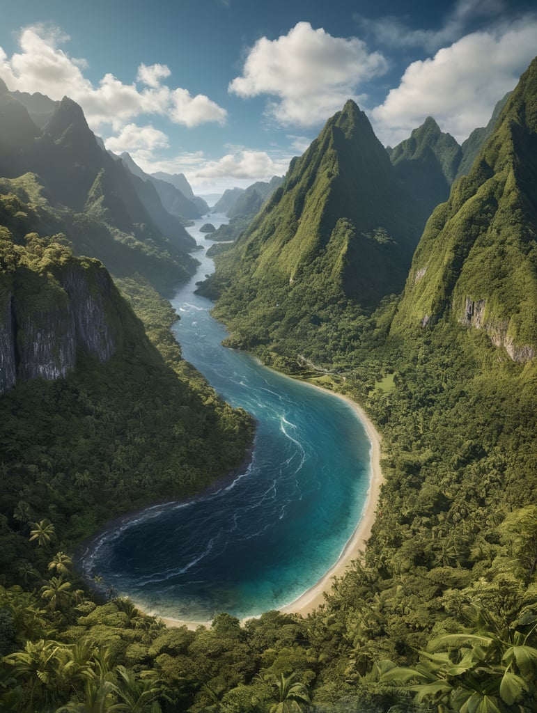 distant image of American Samoa, Island with minimal short Mountains, river running from ocean into a valley, ocean only on the bottom middle running up to the right, clear blue sky