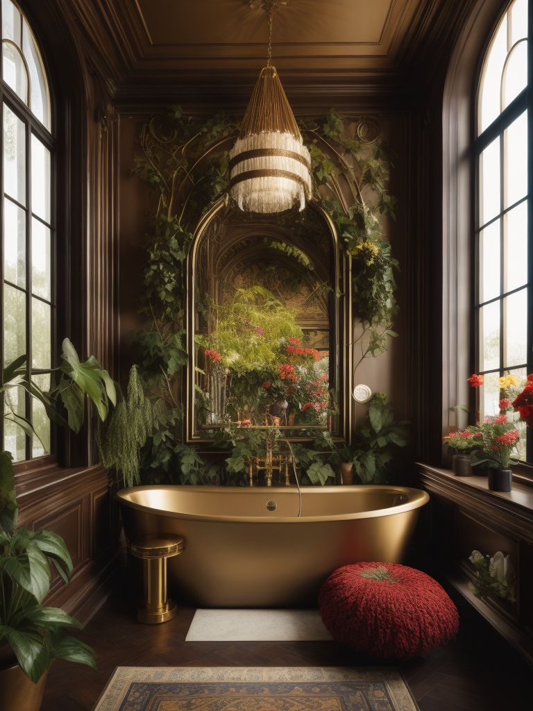 Architectural digest photo of a maximalist bathroom living room with lots of flowers and plants, golden light, award winning masterpiece with incredible details big windows, highly detailed, harper's bazaar art, fashion magazine, sharp focus