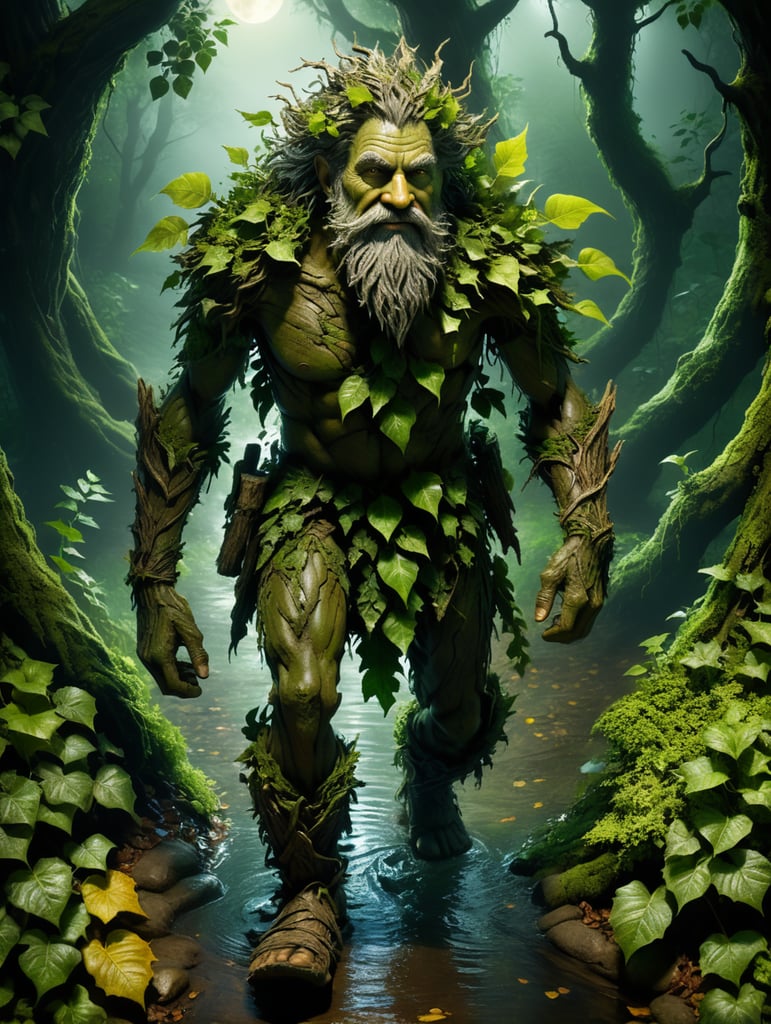 A small wood spirit dressed in ragged clothes made of leaves and bark, untidy hair, straggly beard, green skin and friendly faces walking, in a dark English wood at night. The only light coming from a silver moon. Sandals on his feet made of ivy. Standing beside a small pool of water. Surrounded by bushes.