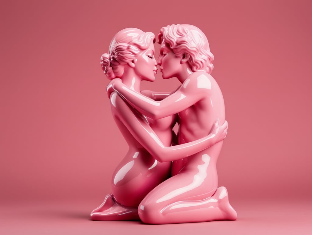 Kiss Art: Two pink glazed ceramic single color figures kissing each other, isolated, pink background