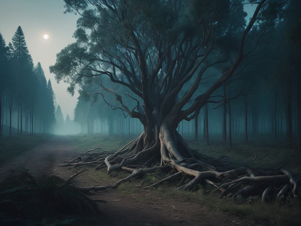 A single century-old tree in a dark forest illuminated by moonlight streaming through its leaves with exposed roots, viewed from a more open plan in an atmospheric atmosphere.