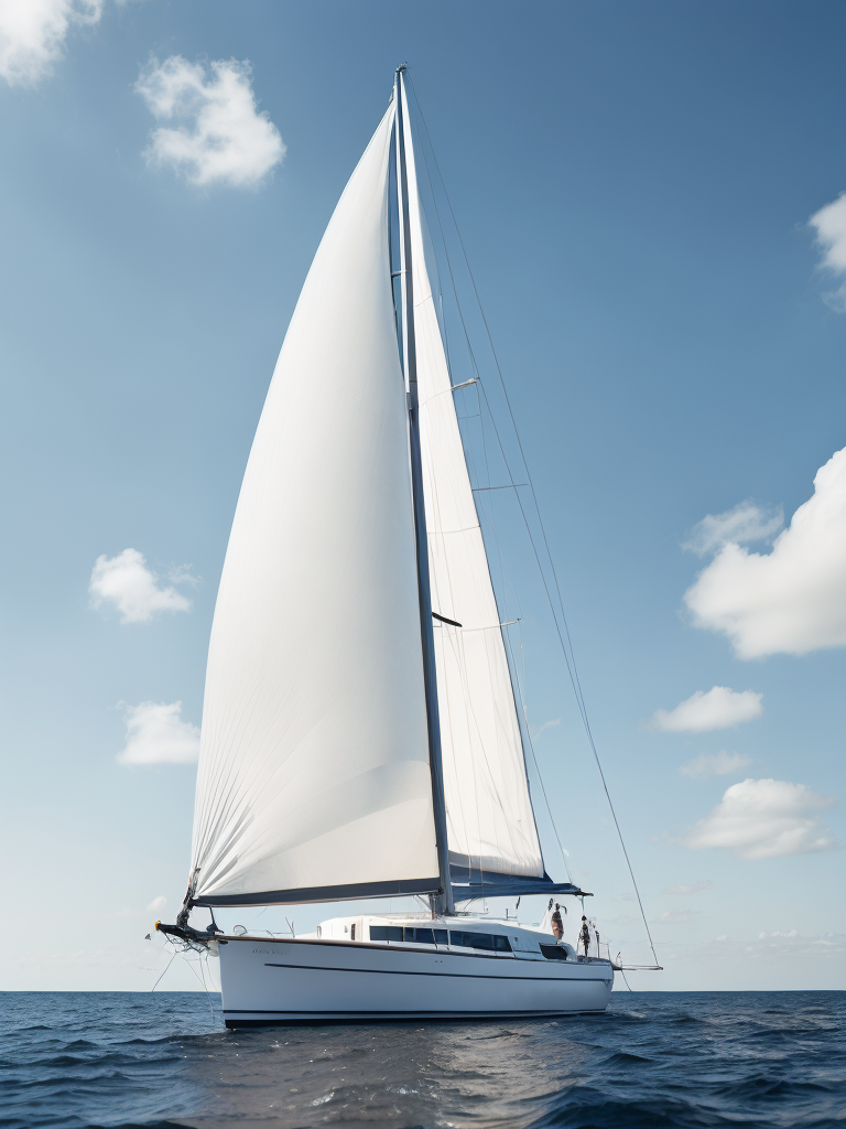 A white sailboat in the sea, sunny day, photorealistic, high detail, landscape, ultra hd, concept art, contrast light, deep colors, vibrant colors
