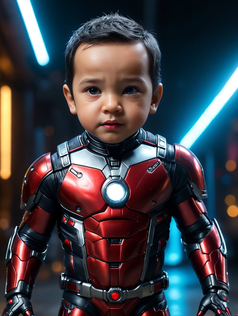 baby version of ant man marvel with black hair full body ,no mask, without mask, full face,neon light photorealistic, masterpiece,full body photography, Ultra realistic, epic details, photorealistic, Cinematic, Ultra HD, Professional photography