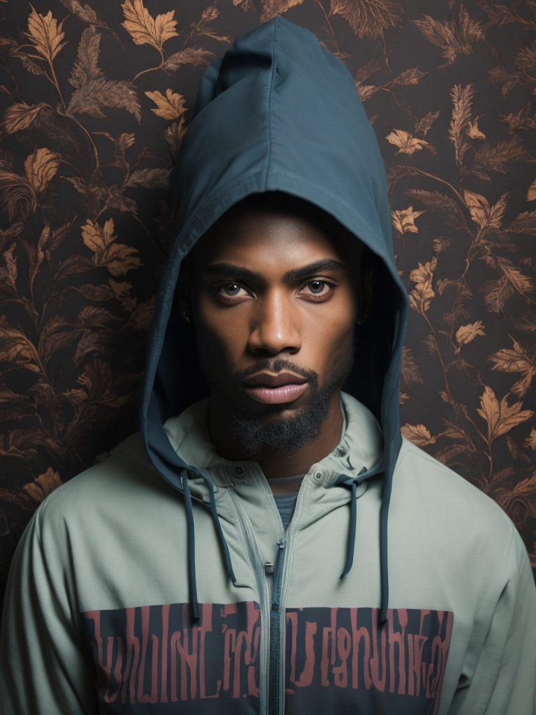 Famous black rapper displayed in illustration format, oil paint, on a gothic floral background - cherry and black colored