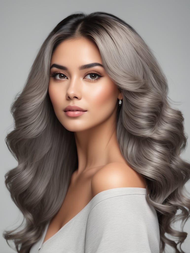 Create an image of beautiful woman with attractive thick hair light gray background