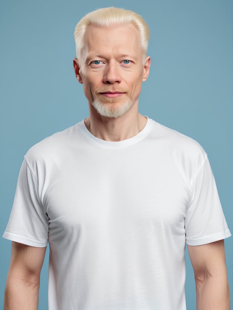 A middle-aged albino man wearing a white T-shirt, isolated, blue background, mockup, mock up