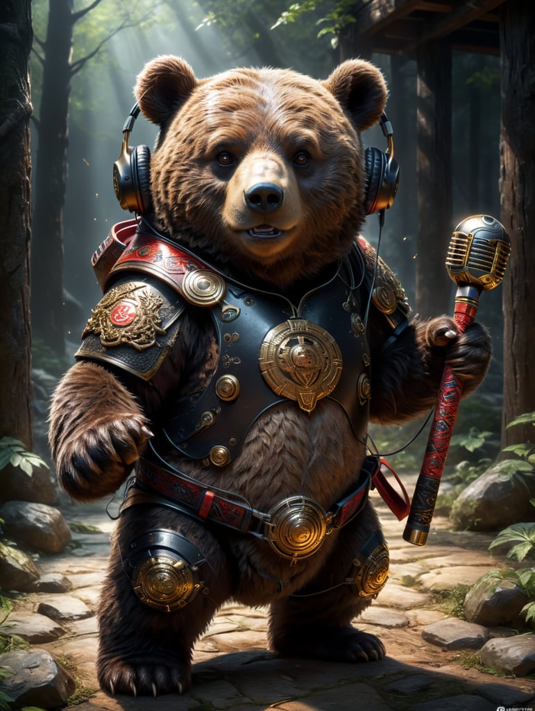 a cute bear that knows kung fu and produces electronic music with heavy bass. Wearing headphones and holding a fighting staff