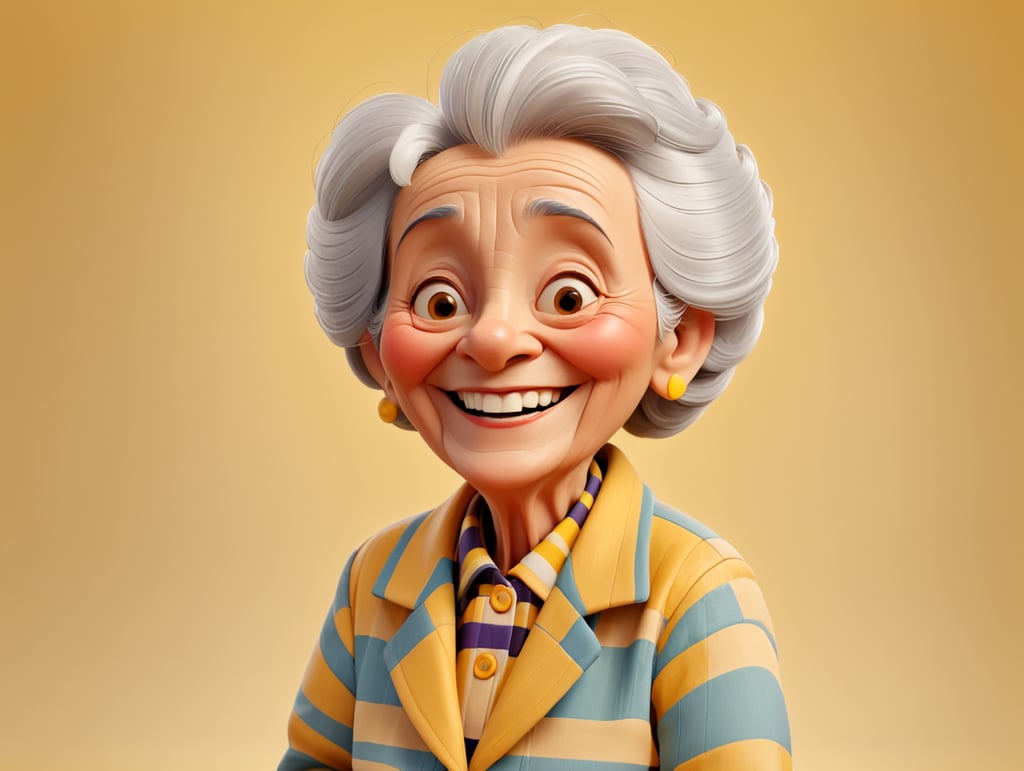 Smiling and cheerful old lady in a striped jacket on an isolated yellow background