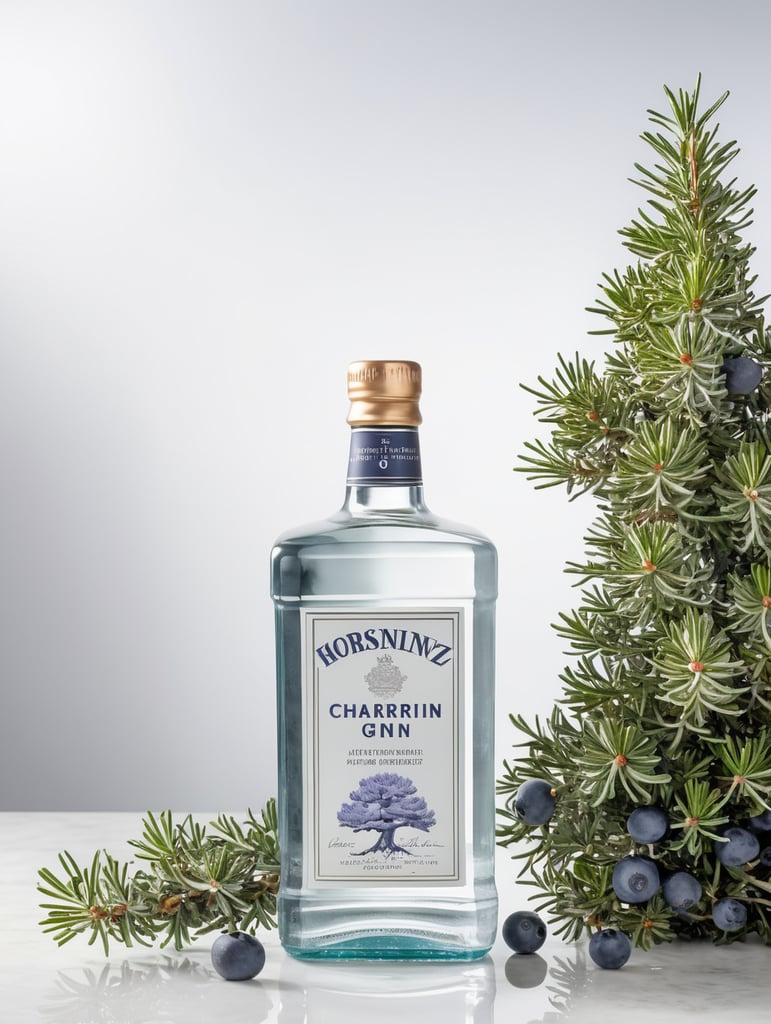 professional photography of a square gin bottle, square bottle, surrounding a juniper and juniper berries, one shot of gin in a front, no label, clear, mockup