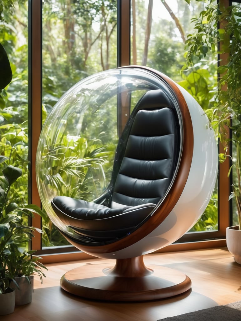 Futuristic sci-fi pod chair, flat design, product-view, exclusive photography, transparent orb, natural lighting, plants around, natural daytime lighting, natural wooden environment