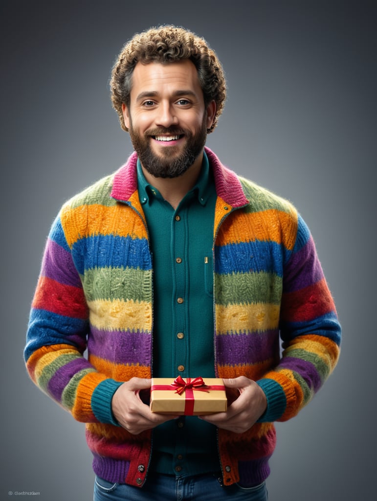 portrait of a bearded curly man wearing coloured knitted jacket, stands front camera with gift box his hand, happy birthday images, spring time