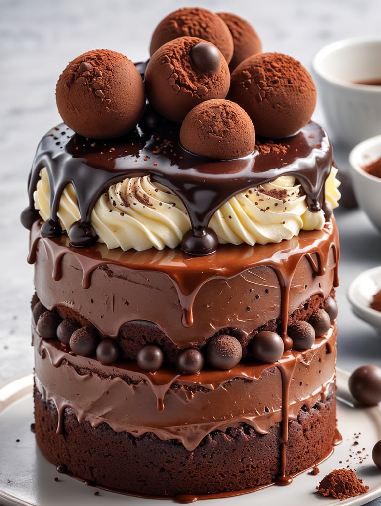 Small chocolate cake with truffle chocolate cream, with three small chocolate balls, sprinkled with cocoa powder, three layers, realism, delicious, appetizing, chocolate on a light background