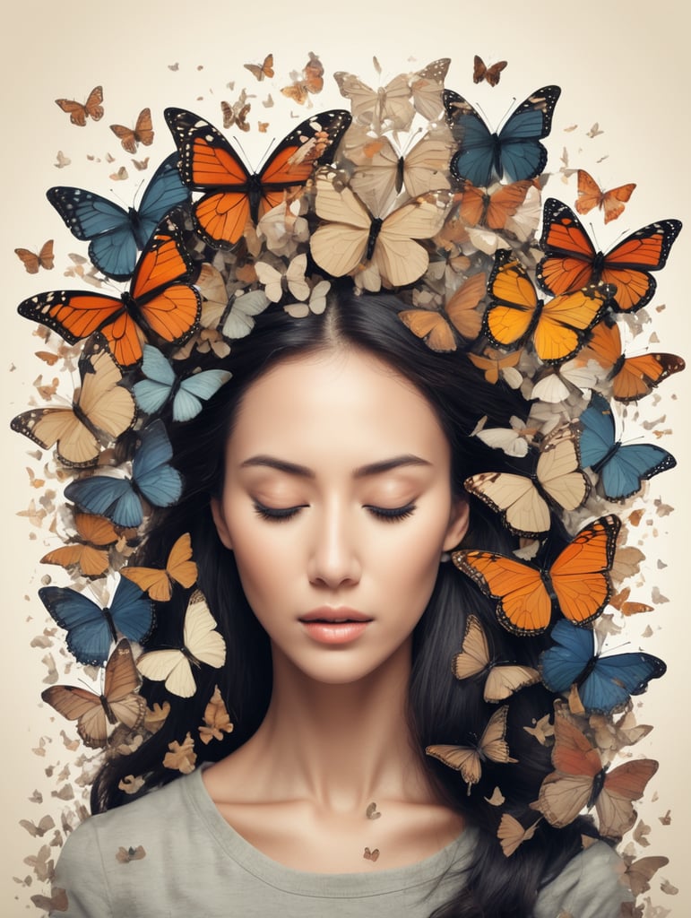 Create a strong, bold text saying "Women Overwhelmed: Workload Stress", that fades away into butterflies as it gets closer to the bottom