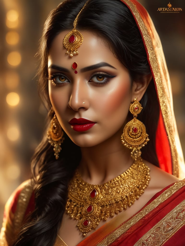 Maa Durga Bengal, rich beautiful sari, bright makeup, golden jewelry, long black hair, brown eyes, red lips.