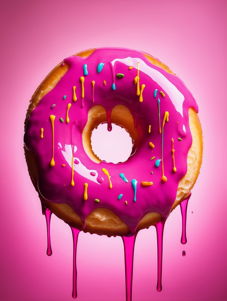 a painting of a donut, dripping in neon paint, surreal bright pinks, by Antoni Pitxot, neon paint drip, neon, dripping paint, melting and dripping. eerie, inspired by Nick Gentry, inspired by Roberto Parada