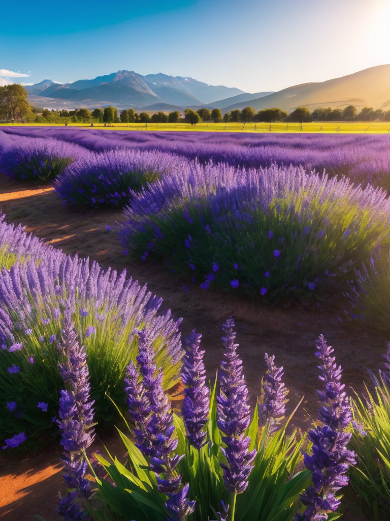 Lavender field, mountains on the horizon, bright colors, sunny weather, the sun is shining, high quality details