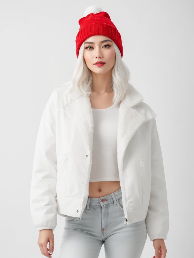 a young women with white hair and red hat on his head is wearing a white lacket, isolated, white background