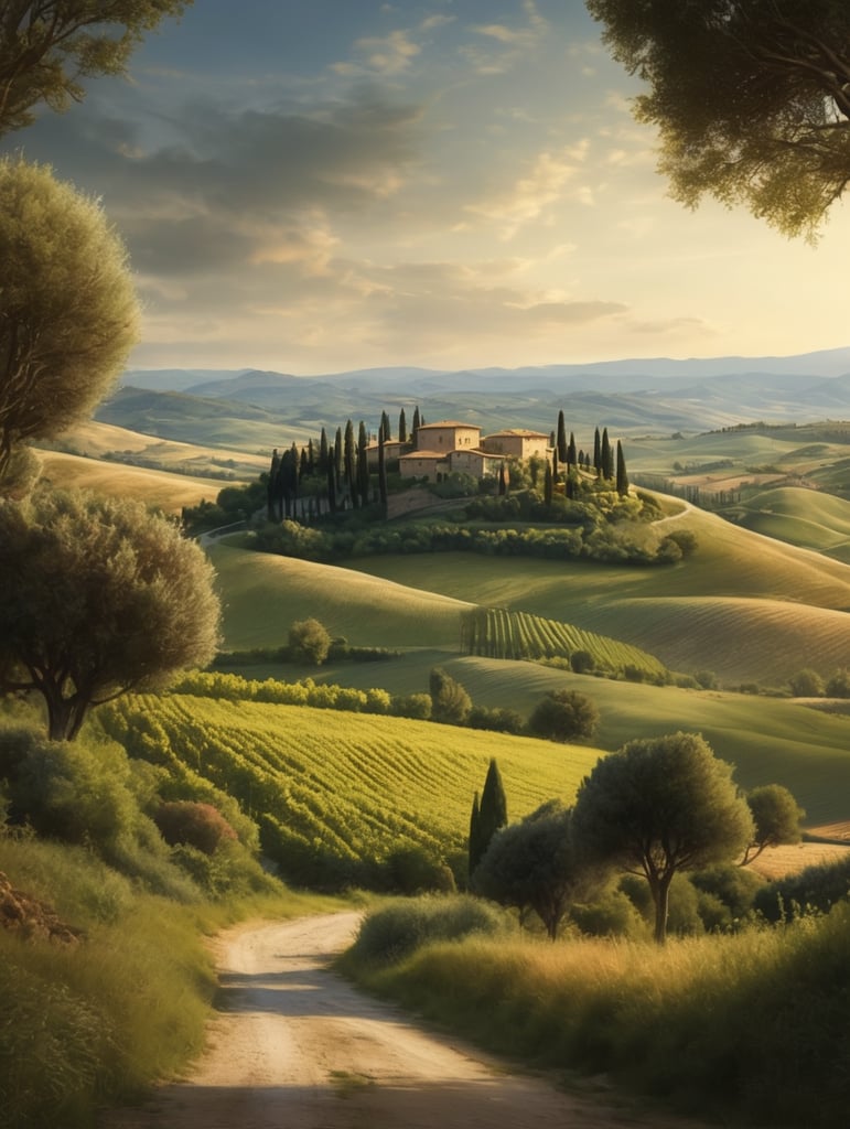 Italian landscape tuscany, photorealistic, serene, peaceful, majestic, high detail, landscape, ultra hd, matte painting, highly detailed, concept art, contrast light, deep colors