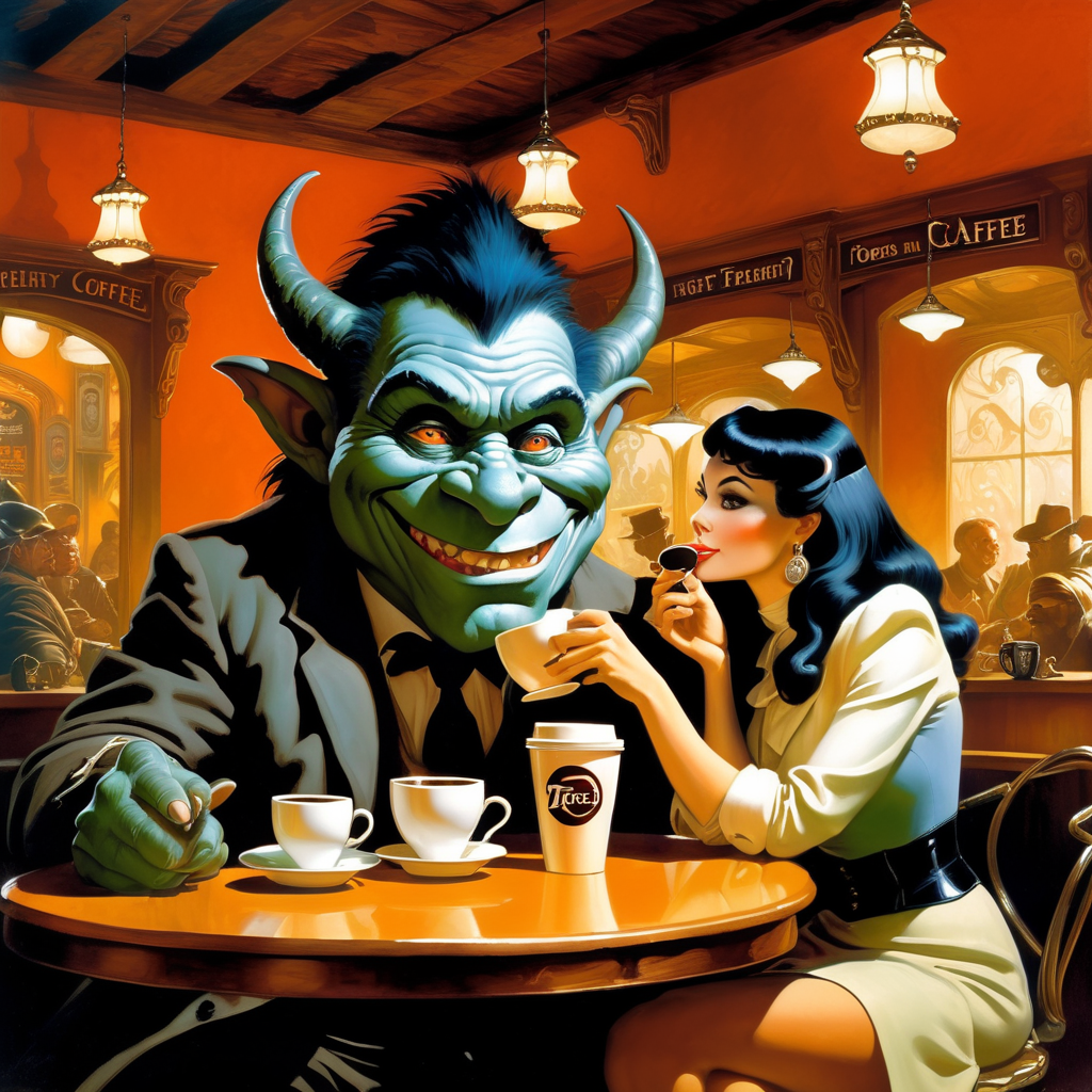 A troll and a woman have a coffee in an internet cafe. The woman is dressed smart casual. They are in an internet cafe. Frank Frazetta fantasy style art.