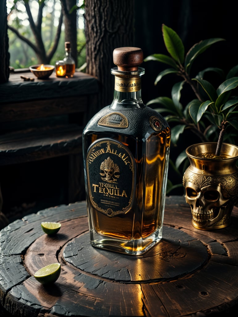 Quiero hacer una botella de tequila ancestral de cerámica de 700 ml. Con un tapón de metal dorado. Sobre una mesa de madera deben colocarse una botella y unas ramas de arbol . Queremos que la marca sea fiel al antiguo estilo prehispanico.