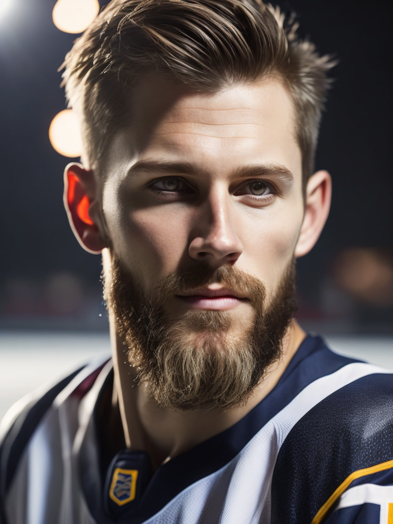 portrait of an ice hockey player Pavel Bure with beard, hockey uniform, in front of the ice hockey rink, sharp focus, Dramatic Lighting, Depth of field, Incredibly high detailed, blurred background