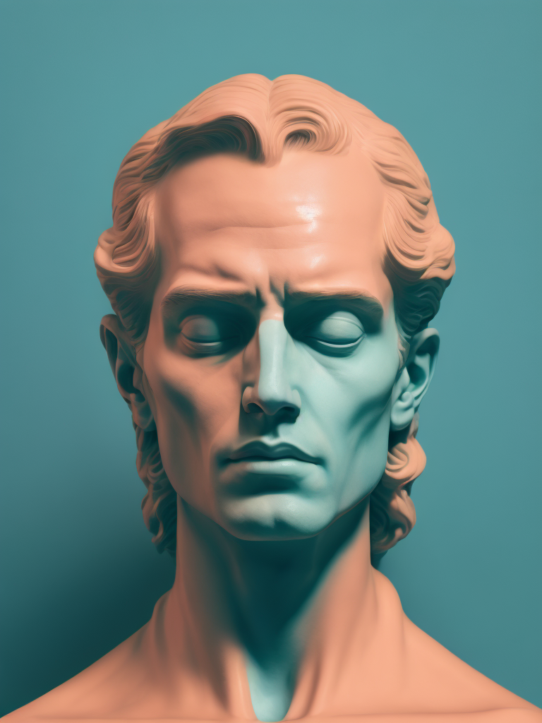 Human head on a pink colored background, in the style of dark cyan and light aquamarine, neoclassical sculptures, photo - realistic techniques, light cyan and orange, fluid photography, photo - realistic hyperbole, neoclassical figures, live eyes