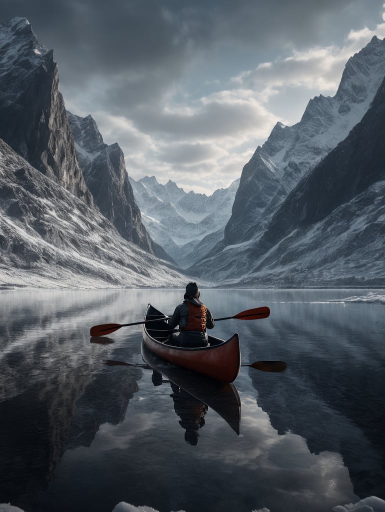 Kvinne i kano som padler kano på snødekt slette mellom høye fjell