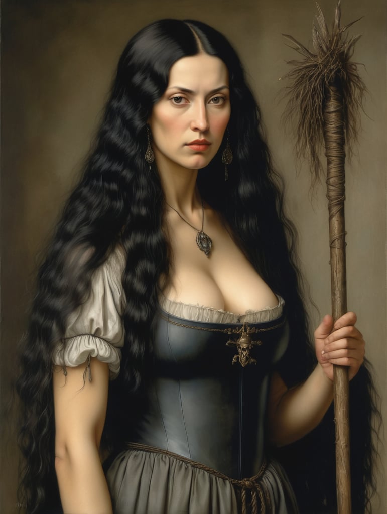 A masterpiece painting by albrecht duerer of a woman with black long hair posing for a painting, standing, portugese witch medevial, black hair witch, famme fatal 36 years old