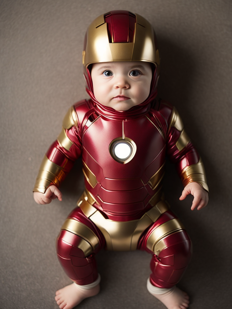 The adorable photo showcases a baby dressed in an iron man costume, capturing the essence of the iconic superhero. the little one is nestled comfortably in a red and gold onesie that mimics iron man's famous armor. the suit features meticulously crafted details, including the arc reactor on the chest and the intricate designs on the helmet. the baby's chubby cheeks and bright eyes give them an extra dose of cuteness as they gaze curiously at the camera, seemingly ready to take on the world.