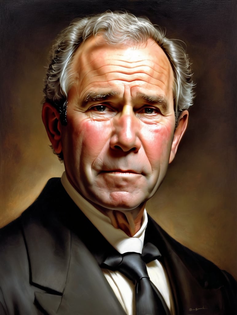 Portrait of George W. Bush by Rembrandt Harmenszoon van Rijn, sad face, America, so sorry