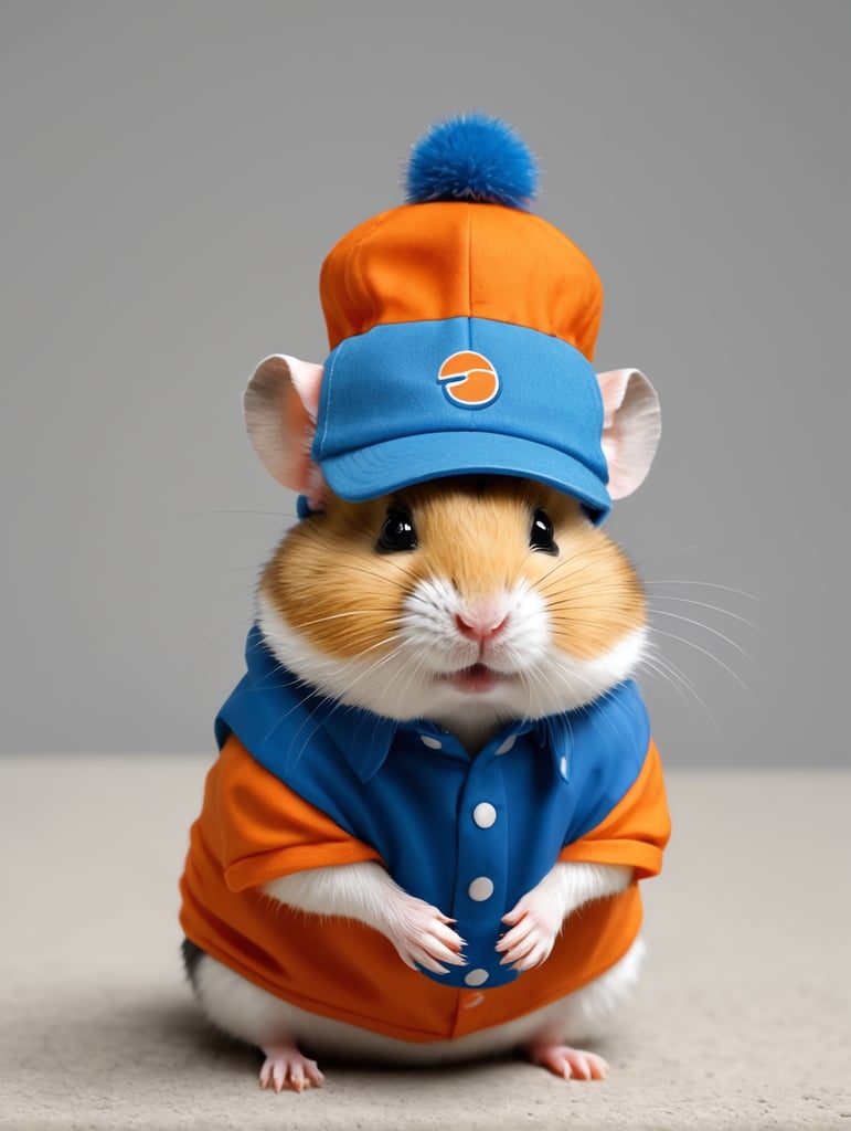 Een hamster pion met een blauw met oranje shirtje aan. De hamster heeft een hoedje op. De hamsters moeten lijken op die van de Albert Heijn.