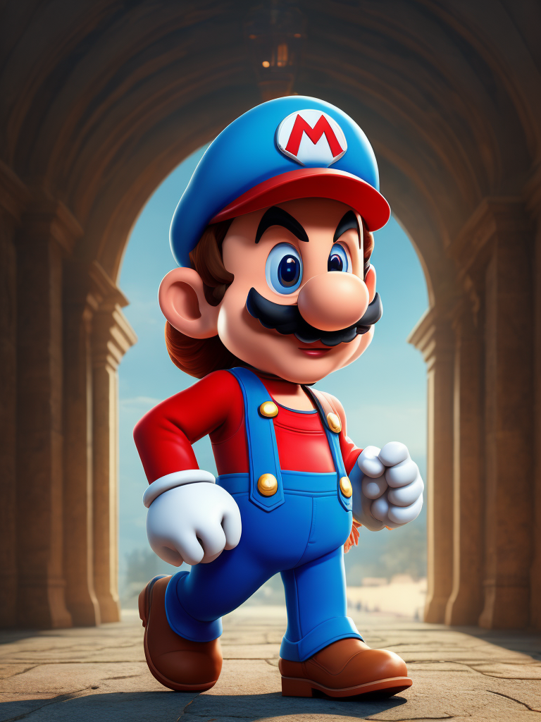 Super mario, creative, and kind-hearted person with mustache, Wearing blue pants with suspenders, brown boots, a red cap with the letter M, white gloves, big eyes, big nose standing centered in 3D style, rendered using beautiful Disney animation, Pixar style, Disney style, 3D style